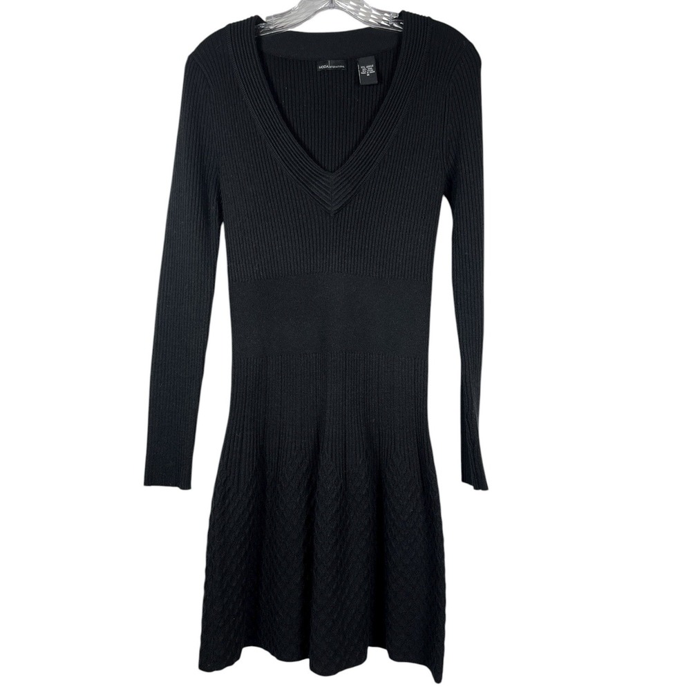 VTG MODA International Sz M Sweater Dress Black LS V-Neck Wool Fit Flare Y2K
